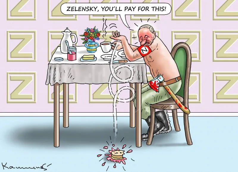 A cartoon depicts a shirtless man with a red armband featuring a white 'Z' and a red-and-yellow striped axe strapped to his…