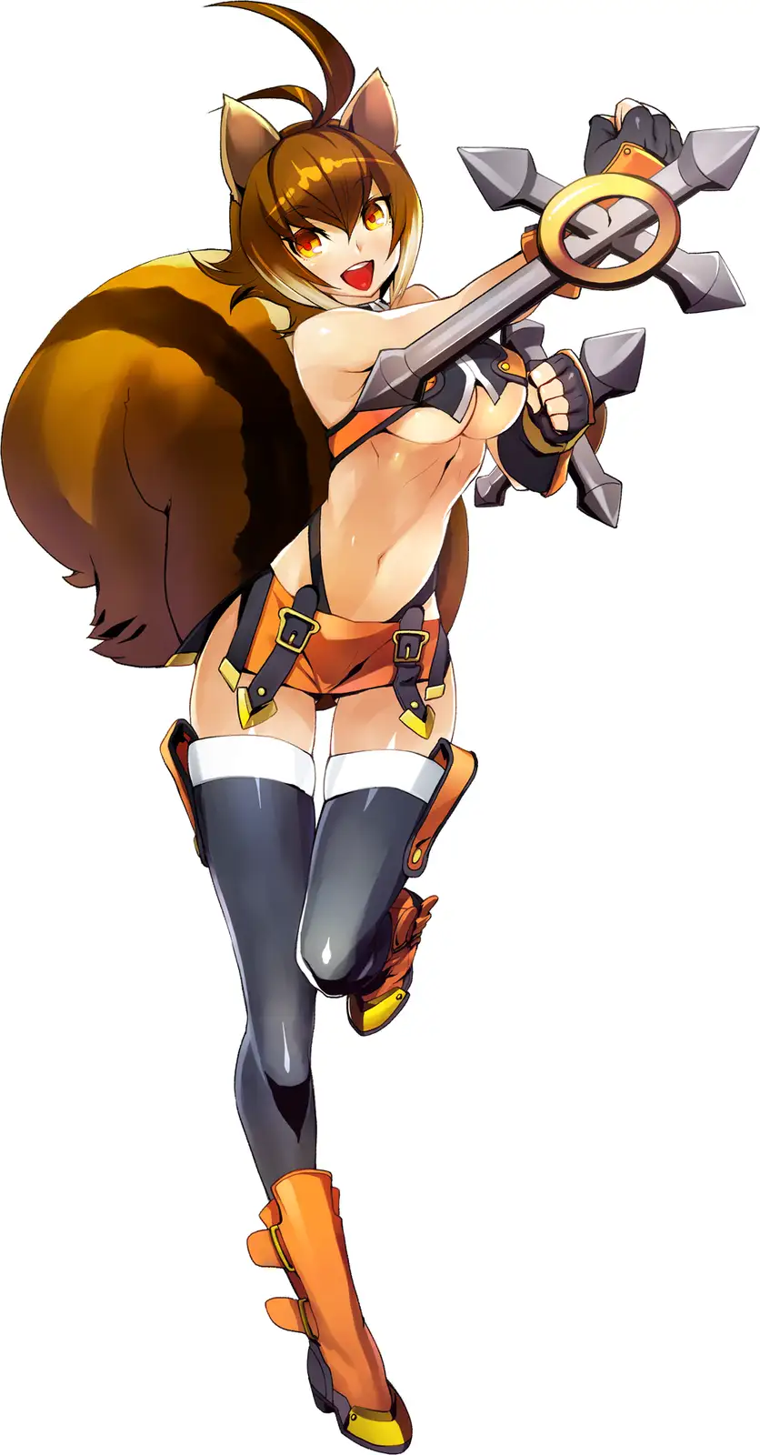 An anime-style female character with fox ears and a bushy tail, wearing revealing orange and black gear and holding a large…