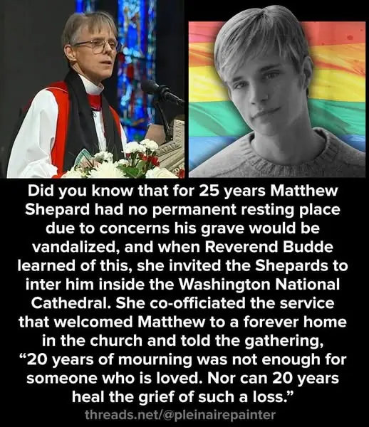 The image is a split-screen showing Reverend Budde speaking at a podium in a church on the left, and a black-and-white…