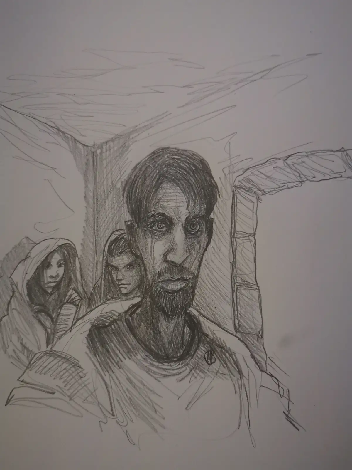 A pencil sketch depicts a man with a beard and intense eyes, framed as if in a window or doorway, with two shadowy figures…