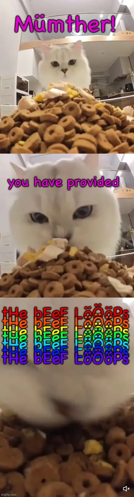 A white cat stares down from atop a large pile of cat food in the first panel, then leans in to eat in the second, and…