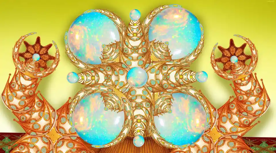 A surreal, ornate digital artwork depicts a symmetrical, fractal-like structure resembling a butterfly or octopus with…