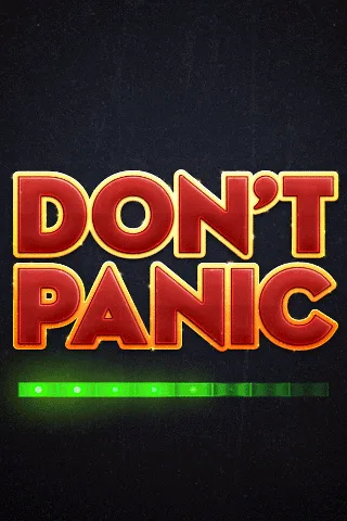 The image displays three identical vertical panels side-by-side, each showing the phrase 'DON'T PANIC' in bold red 3D-style…