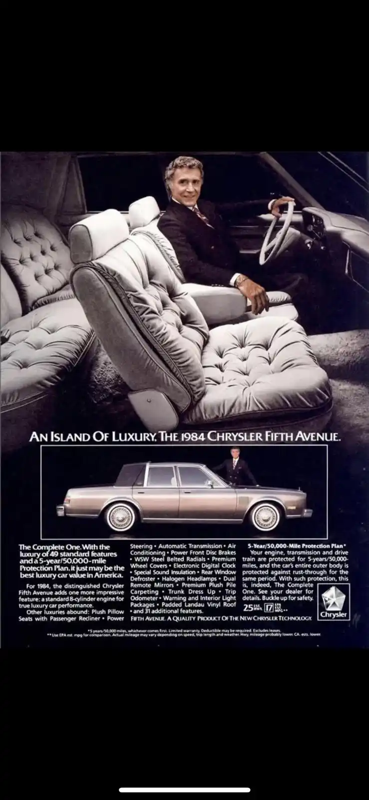 A vintage 1984 Chrysler Fifth Avenue car advertisement featuring a man in a suit sitting in the driver's seat of a luxury…
