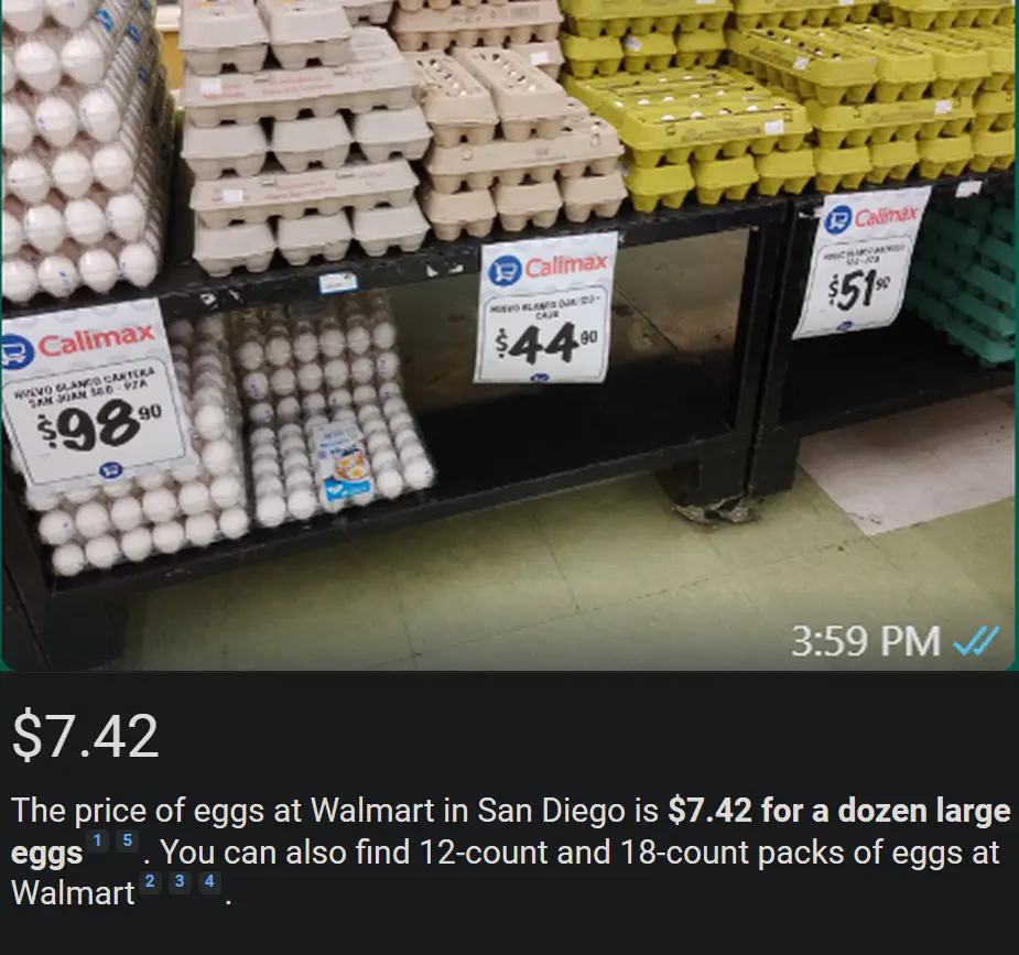A grocery store shelf displays stacks of egg cartons in white, beige, and yellow packaging with price tags from 'Calimax'…