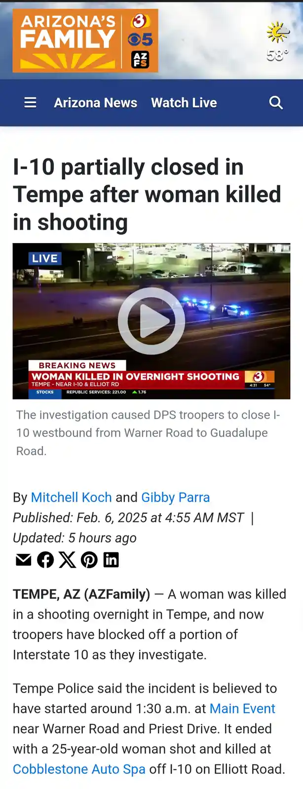 A screenshot of an Arizona's Family news article about a woman being killed in a shooting in Tempe, Arizona, which led to…