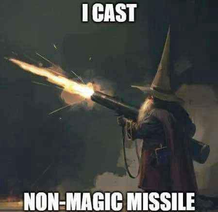 A wizard in a pointed hat and robe is firing a large, fiery projectile from a cannon-like weapon. The image has white text…
