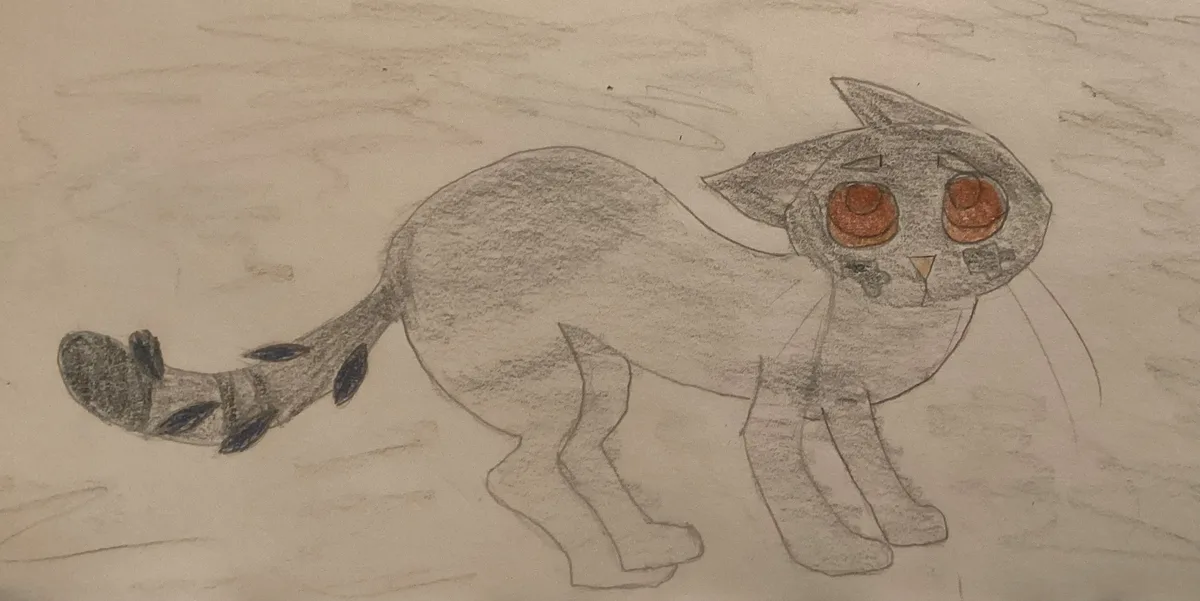 A hand-drawn sketch of a cartoon cat with large orange eyes, a grey body, and a tail with dark blue leaf-like markings. The…