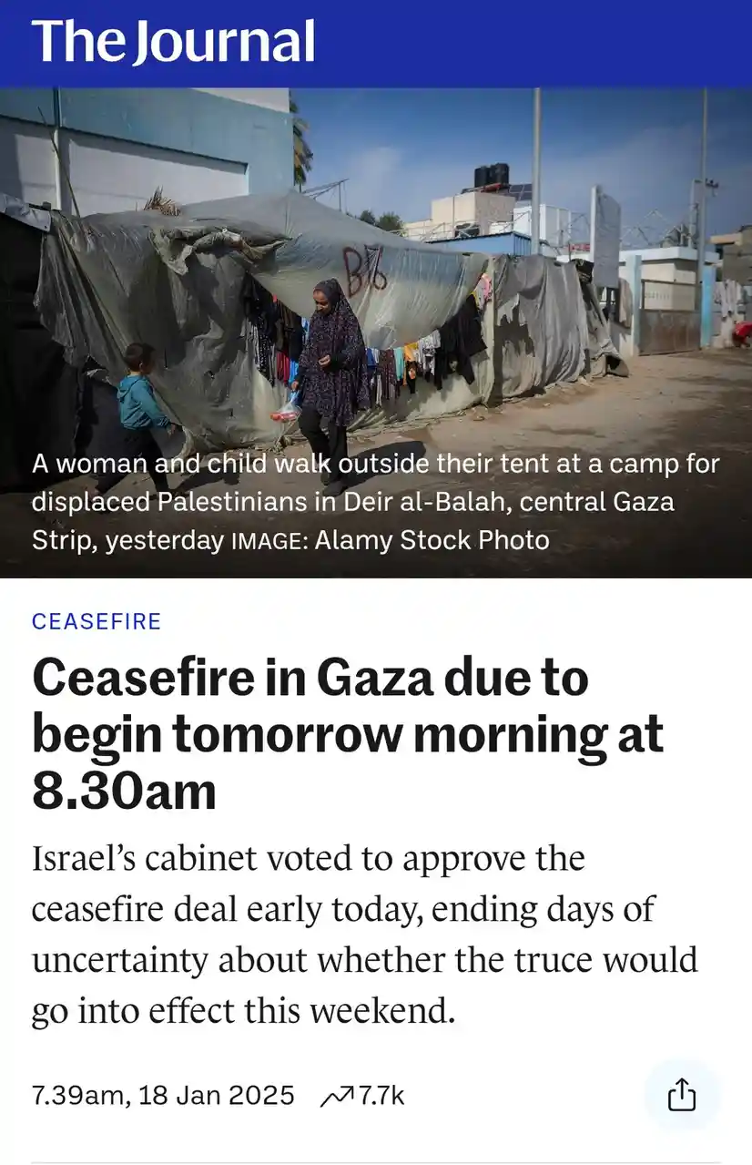 A news article screenshot from 'The Journal' shows a photo of a woman and child walking outside a makeshift tent in a Gaza…