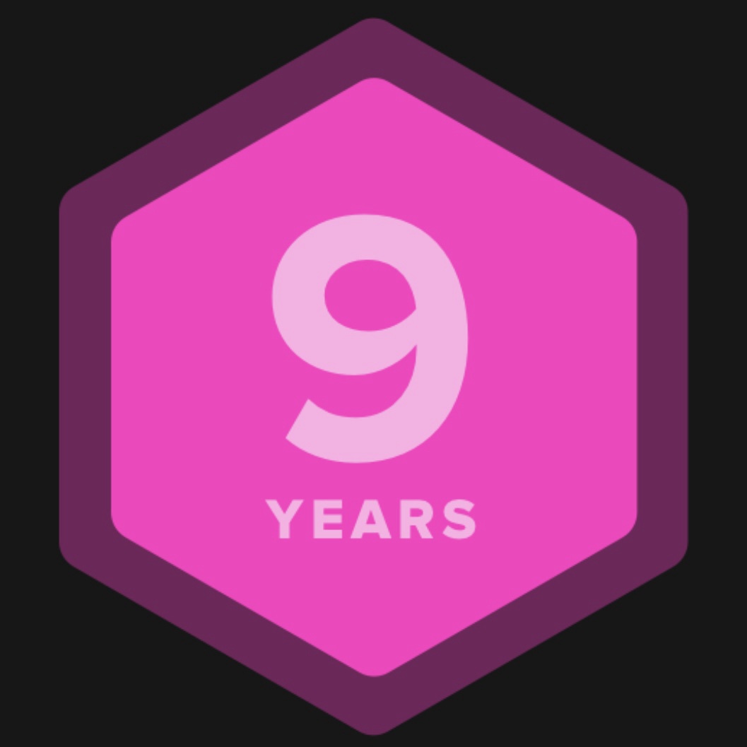 A bright pink hexagon with a dark purple border displays the number '9' in large white font, with the word 'YEARS' in…