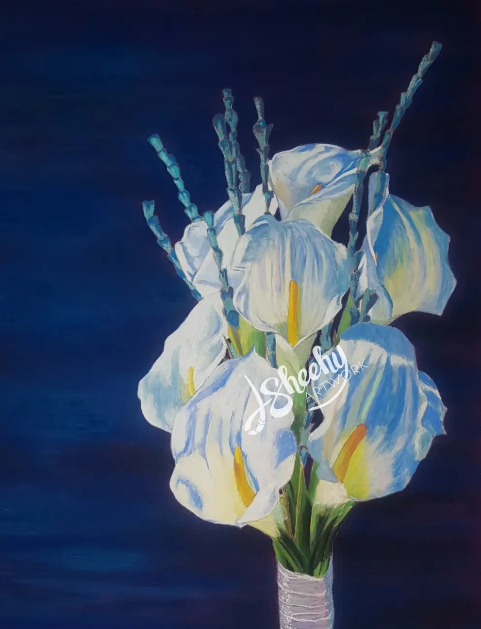 A painting of a bouquet of white calla lilies with blue-tinted stems against a dark blue background, featuring the watermark…