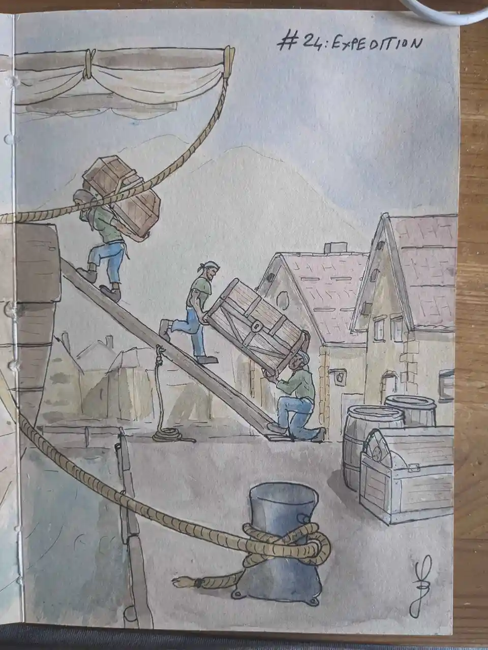 A watercolor drawing depicts three men in a medieval-style town loading wooden crates onto a ship via a rope and wooden…