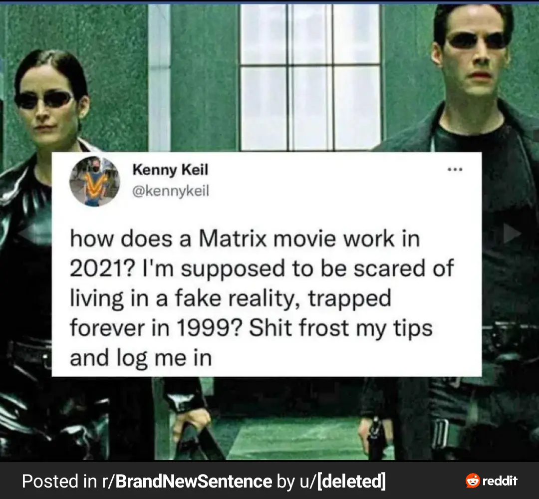 The image features two characters from 'The Matrix' (Neo and Trinity) standing in a green-tinted hallway. A screenshot of a…