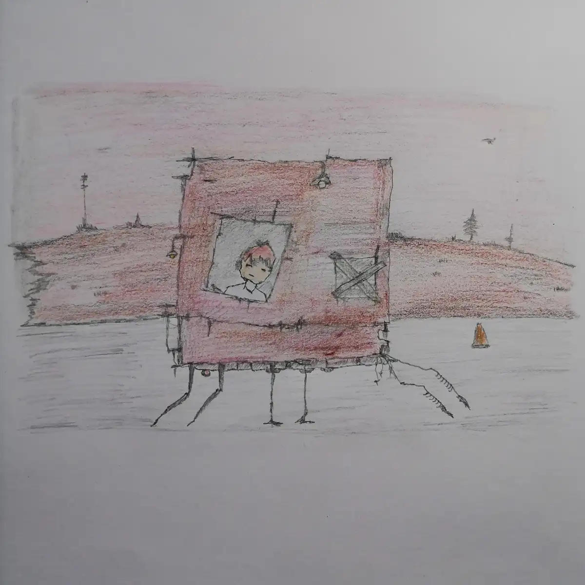 A hand-drawn, crayon-style image depicts a pink, boxy, humanoid figure with stick-like legs and arms, standing in a barren…