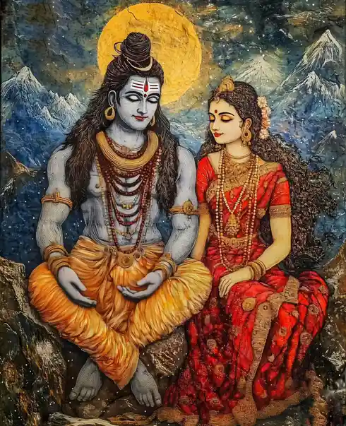 A traditional Hindu painting depicts the deities Shiva and Parvati seated together on a rocky mountaintop under a large…