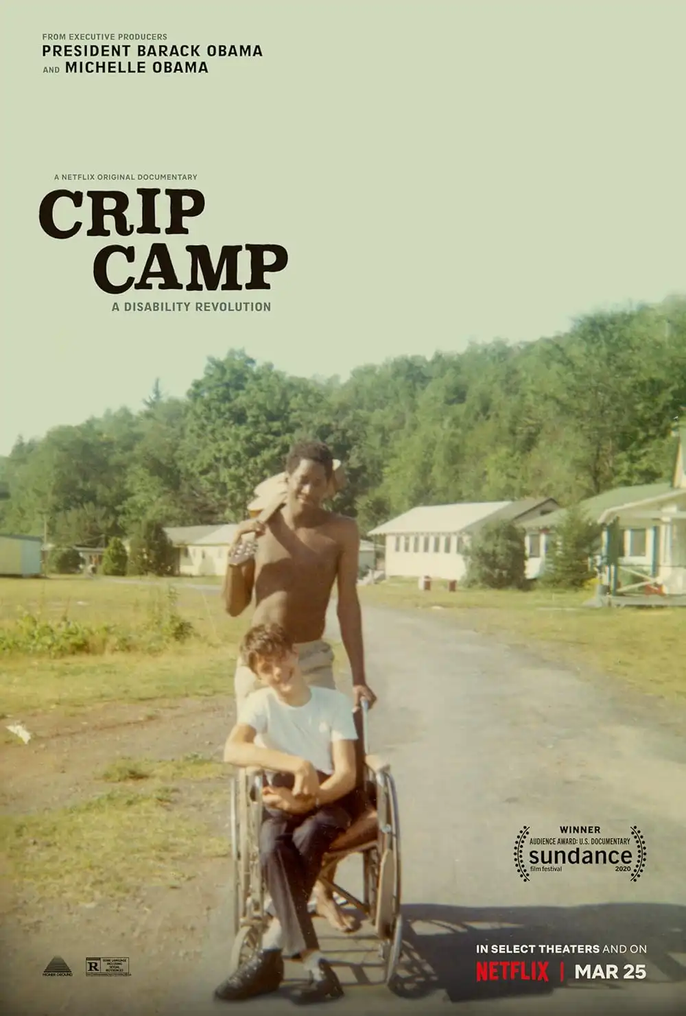 This is a promotional poster for the Netflix documentary 'Crip Camp: A Disability Revolution,' featuring two smiling young…
