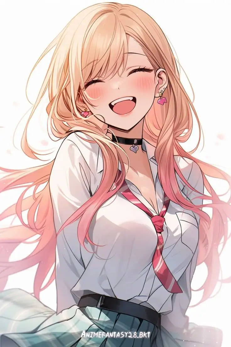 An anime-style illustration of a cheerful girl with long, flowing pink hair, wearing a white collared shirt, a red tie, and…