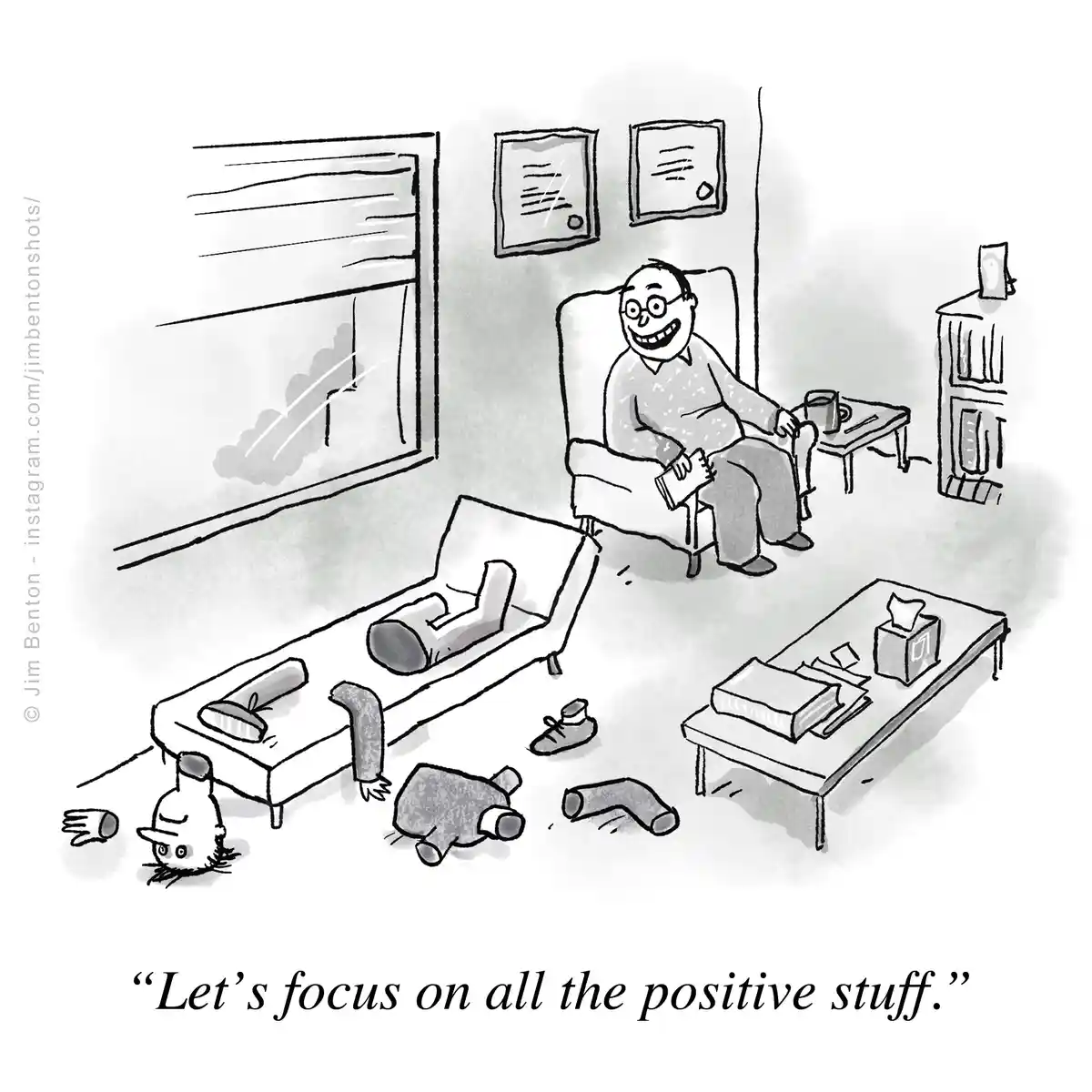 A black-and-white cartoon depicts a cheerful man in a chair in a messy living room, while the scattered remains of a…