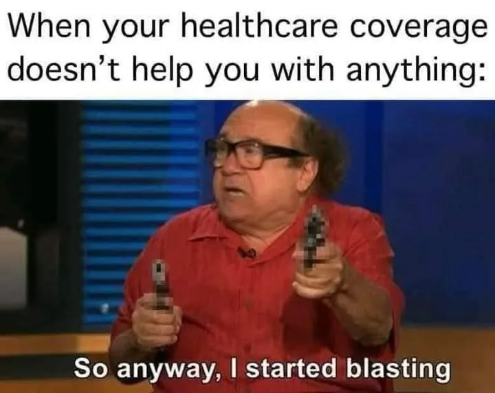 A man in a red shirt and glasses holds two pixelated guns pointed forward, with text above reading 'When your healthcare…