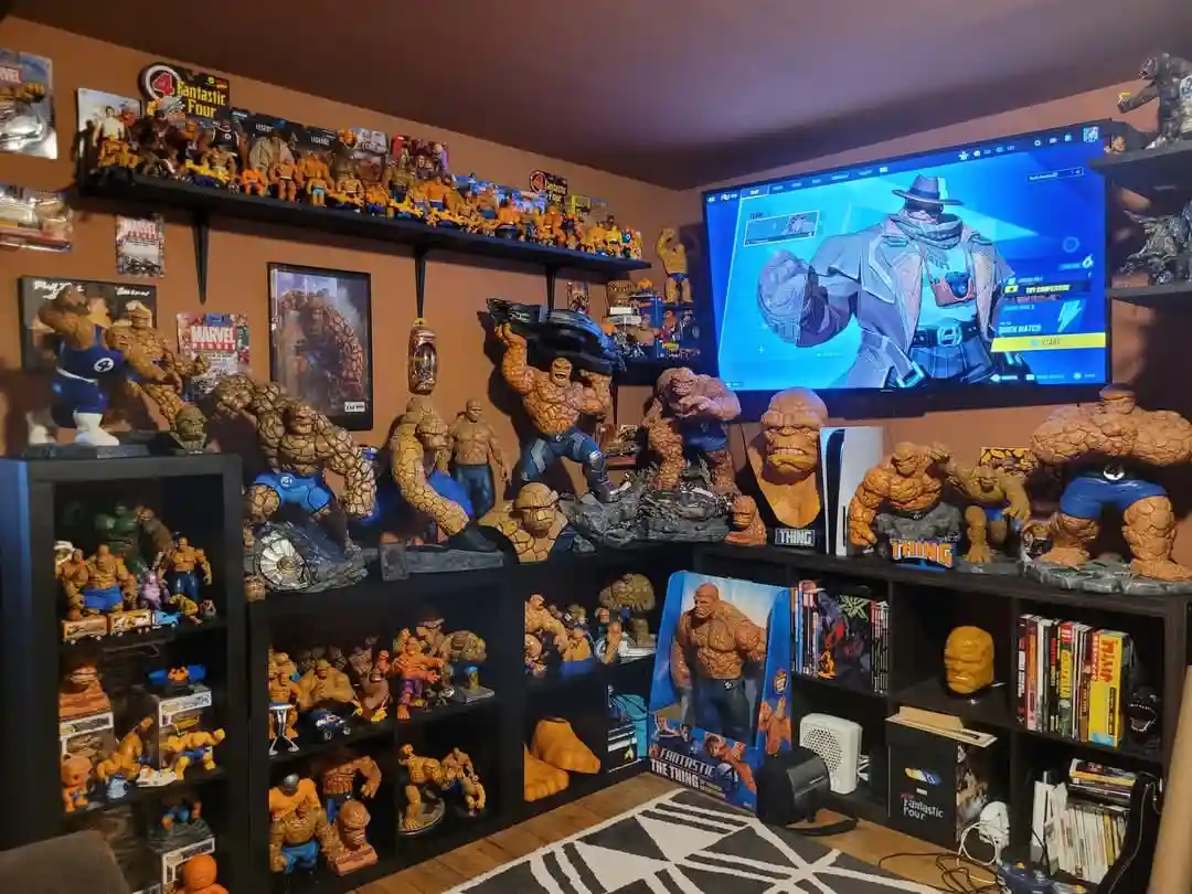 A room filled with numerous statues and collectibles of the Marvel character 'The Thing' from the Fantastic Four, displayed…