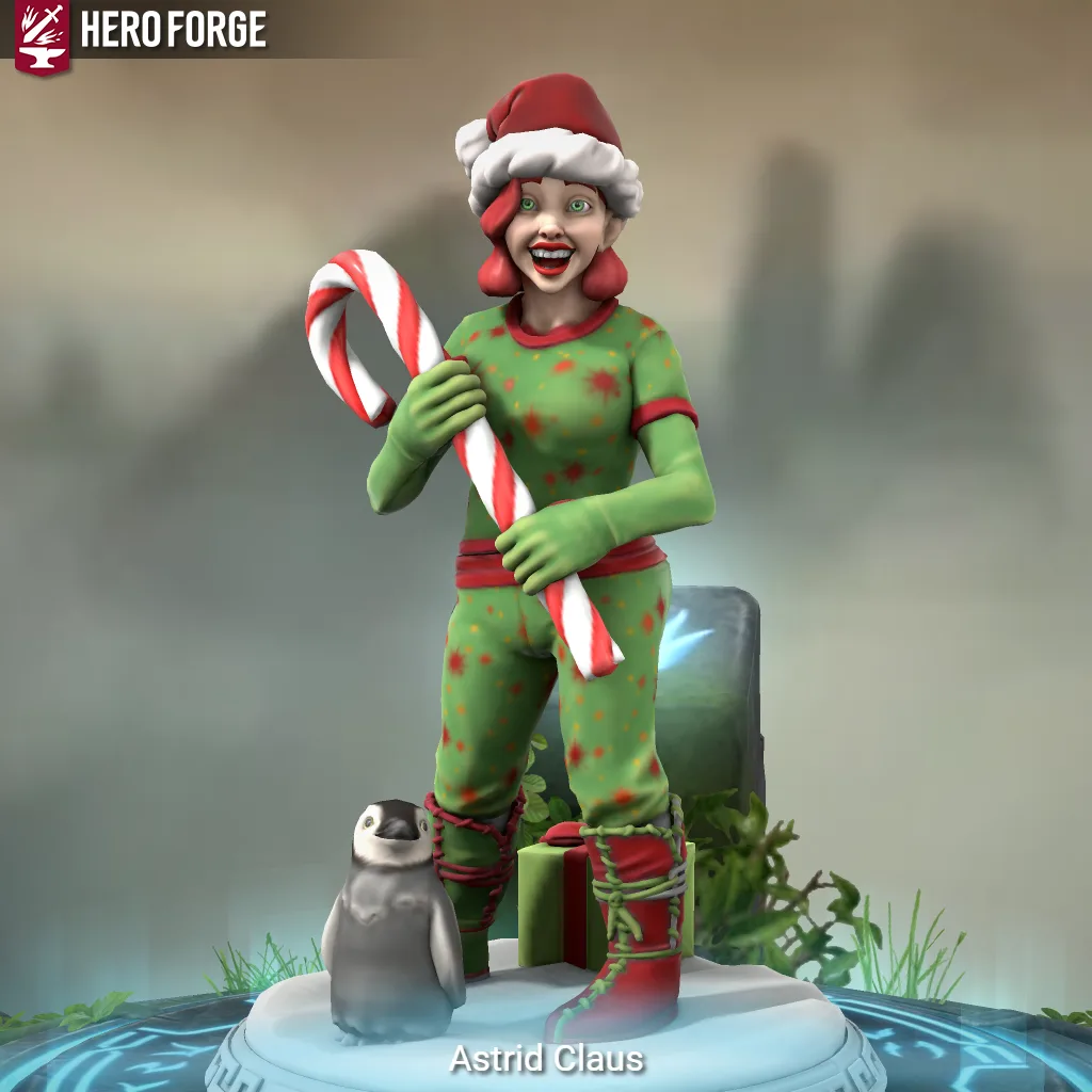A 3D-rendered female character with red hair and green festive pajamas, wearing a Santa hat and holding a giant candy cane…