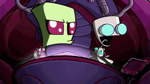 A green-skinned alien with red eyes and a small robot companion sit in a purple spaceship cockpit. The alien declares, 'I'm…