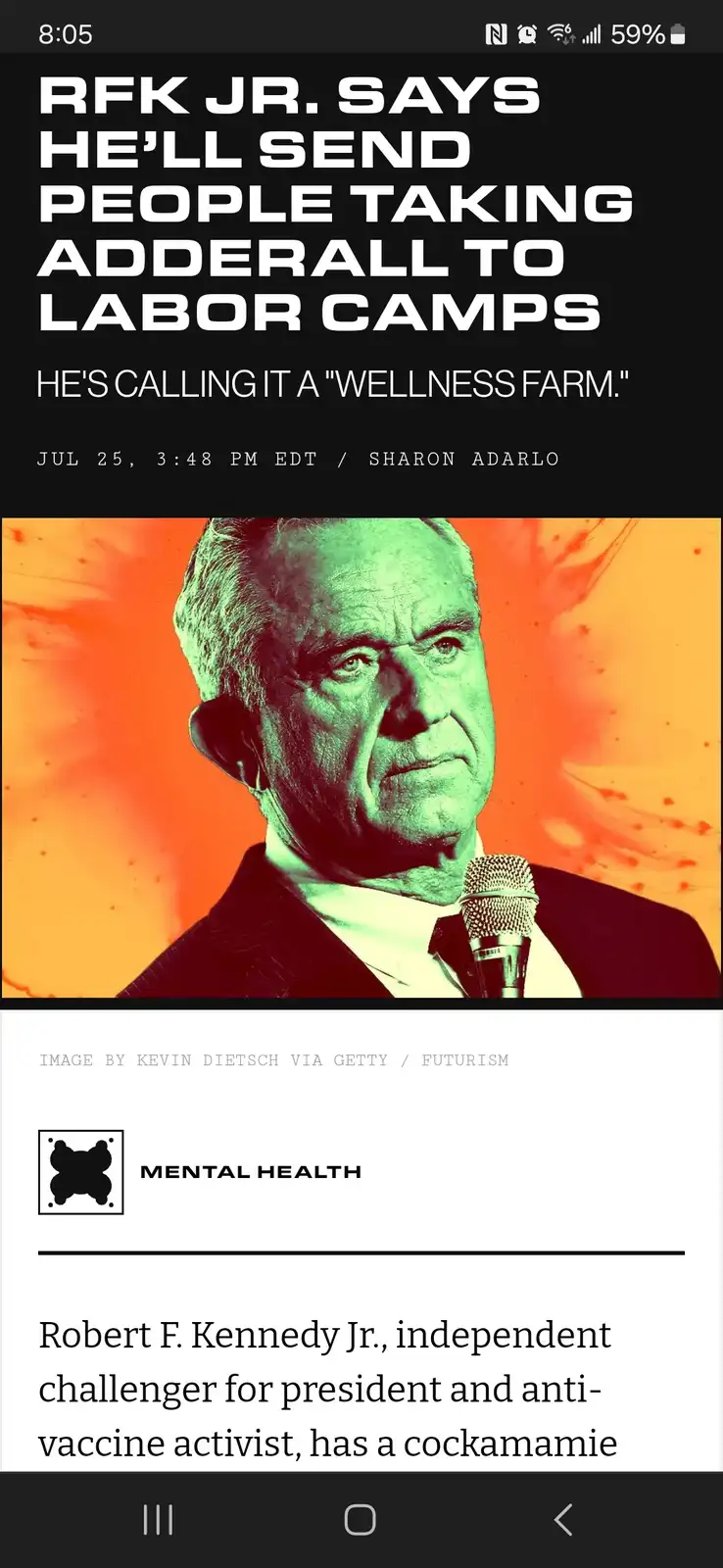 The image displays a stylized photo of Robert F. Kennedy Jr. speaking into a microphone, set against a fiery orange and…