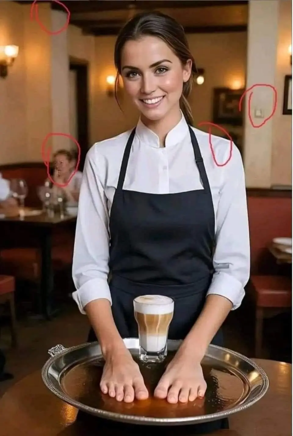 A woman in a white shirt and black apron, posing as a server, has her bare feet placed on a silver tray holding a latte. Red…