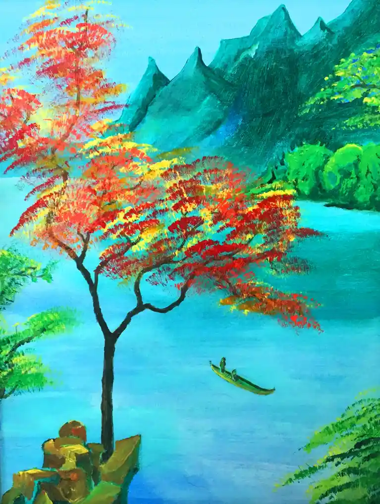 A vibrant, painterly landscape shows a lone tree with fiery red and yellow leaves growing from a rocky outcrop beside a calm…