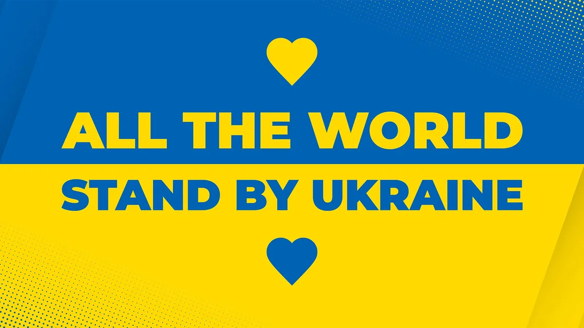 The image displays a graphic with a blue and yellow background resembling the Ukrainian flag, featuring the text 'ALL THE…