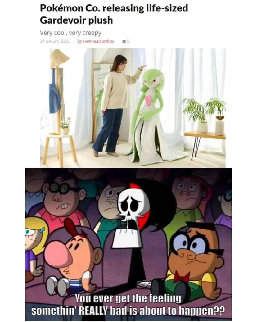 The top image shows a person standing next to a life-sized Gardevoir plush toy, with the headline 'Pokémon Co. releasing…