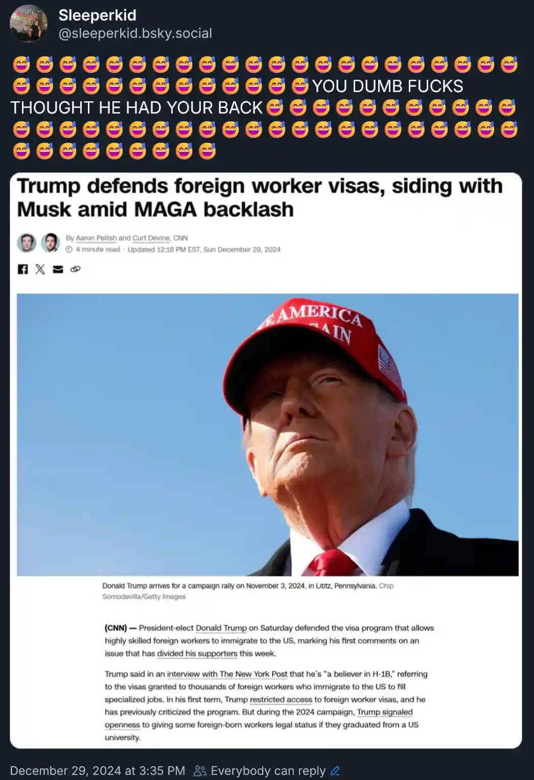 An image of Donald Trump wearing a red 'MAKE AMERICA GREAT AGAIN' cap, overlaid with text reading 'YOU DUMB FUCKS THOUGHT HE…