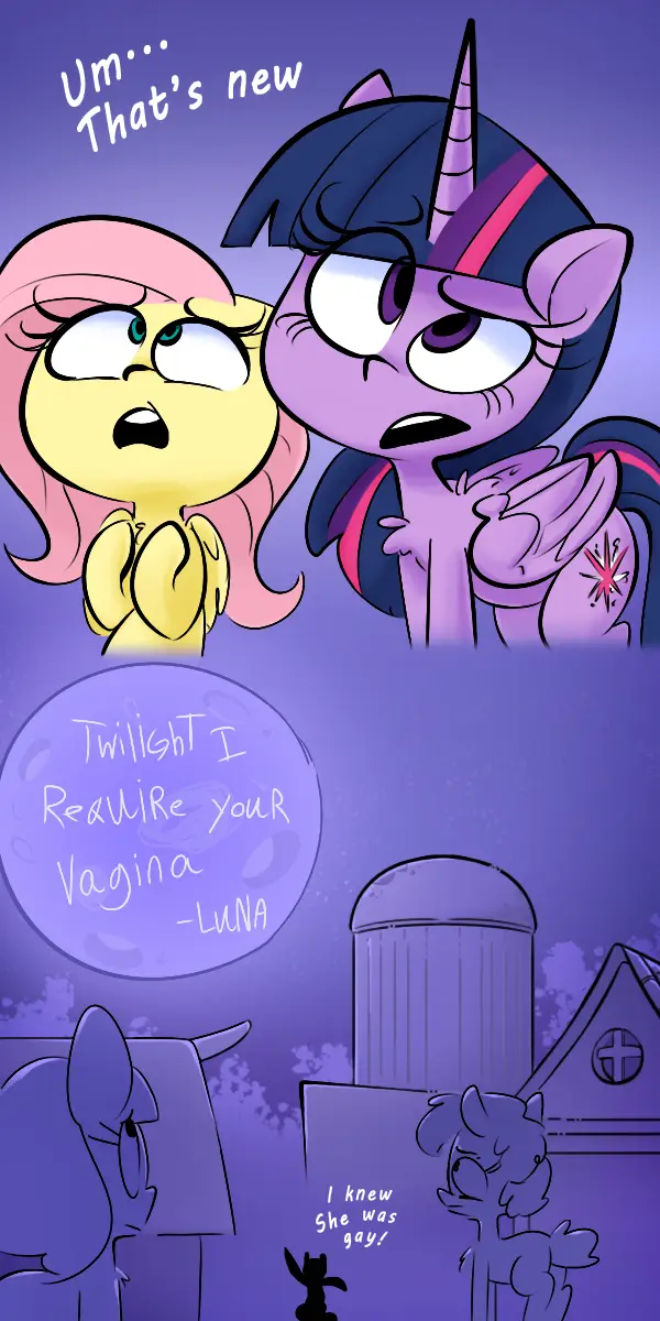A fan-made My Little Pony comic panel shows Twilight Sparkle and Fluttershy looking shocked as a speech bubble from Luna…