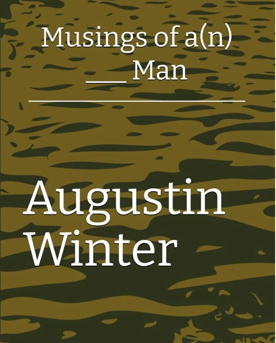 The image displays a book cover design with a camouflage pattern background in shades of olive green and dark green. White…