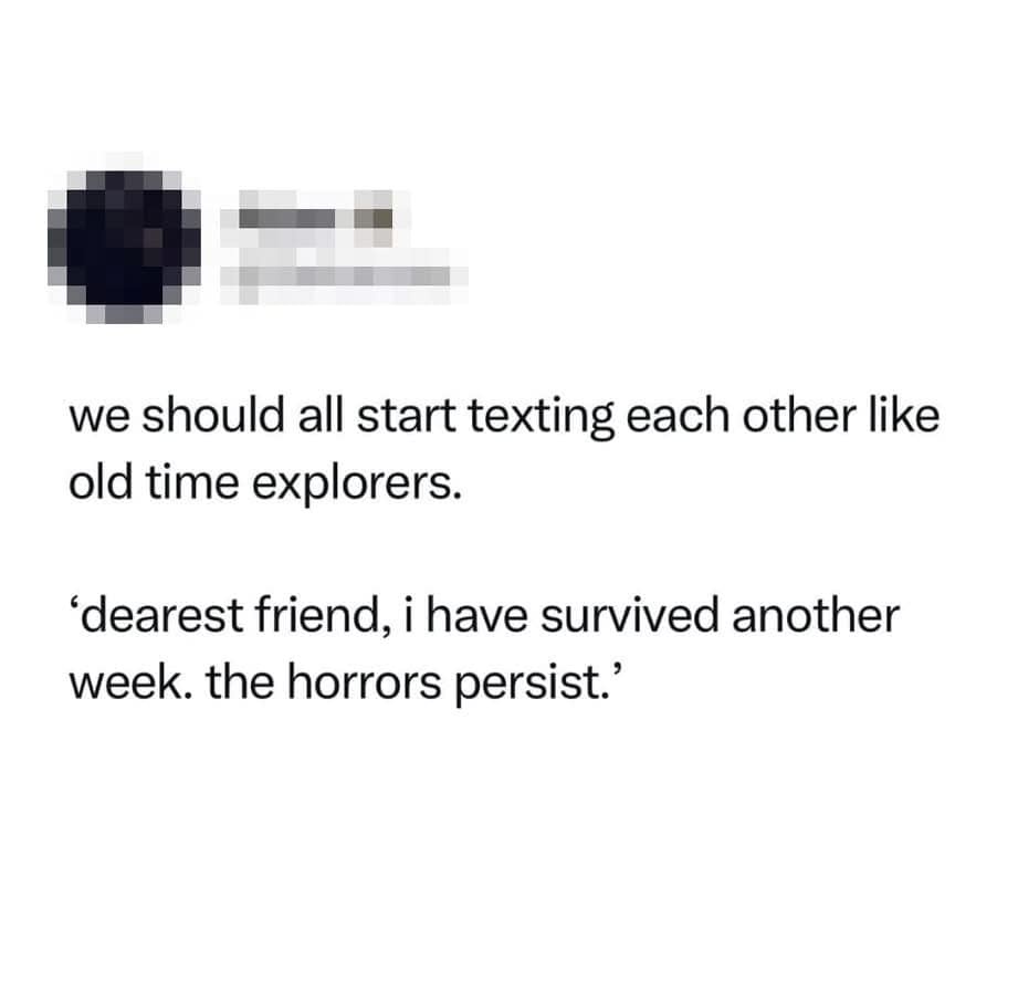 A screenshot of a text message conversation with a blurred profile picture and name. The first message reads 'we should all…