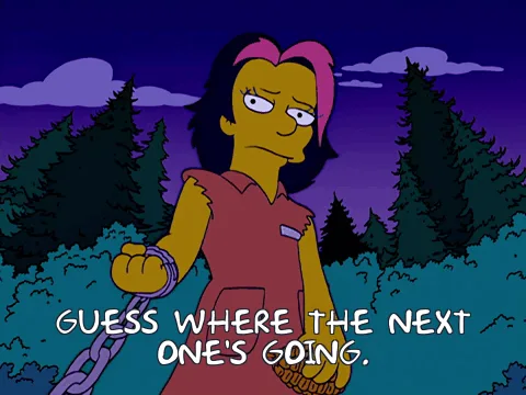 A three-panel comic strip featuring a character with pink hair and a red dress, chained and holding a pinecone in a forest…