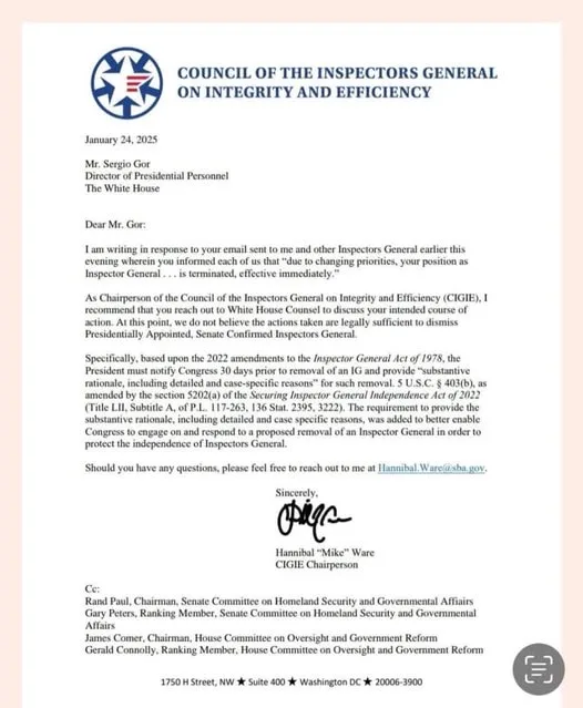 A formal letter dated January 24, 2025, from Hannibal 'Mike' Ware, Chairperson of the Council of the Inspectors General on…
