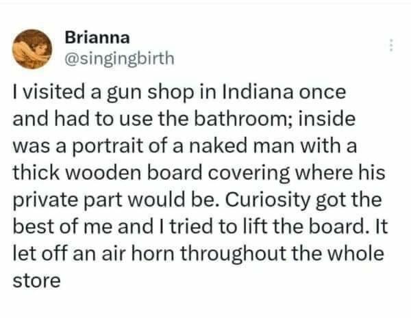 A screenshot of a tweet by Brianna (@singingbirth) describing a bizarre incident at a gun shop in Indiana where she tried to…
