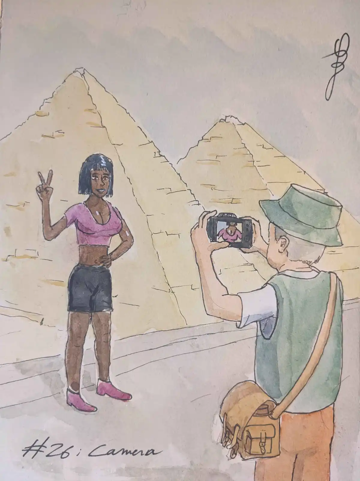 A watercolor drawing shows a woman posing with a peace sign in front of pyramids while a man with a green hat takes her…