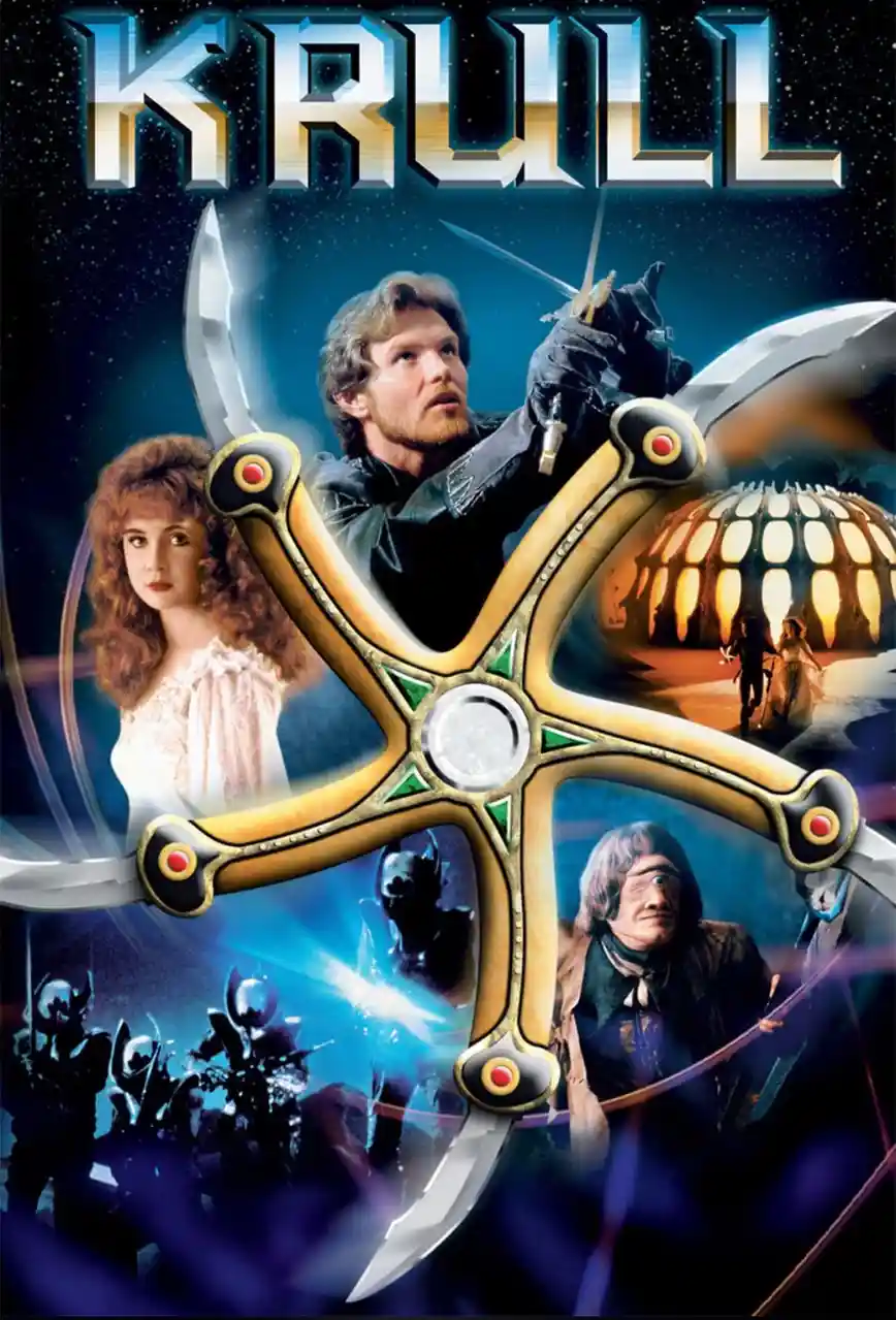 The movie poster for 'Krull' features a large, ornate golden cross-shaped weapon with four blades, set against a starry…