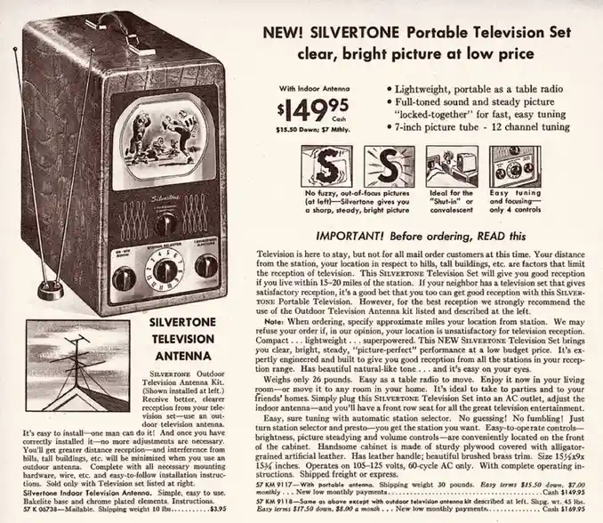 A vintage 1950s advertisement for a Silvertone portable television set, showing a black-and-white image of the TV with two…