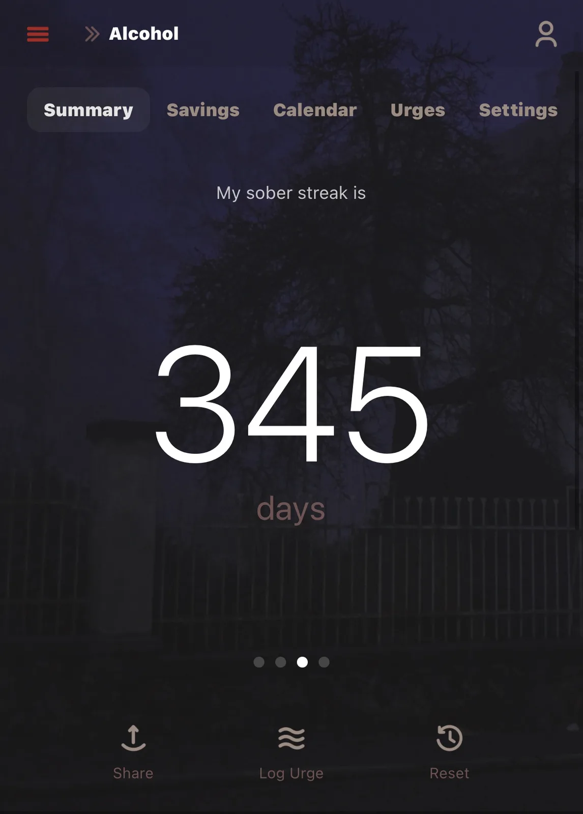 A screenshot of a mobile app's 'Alcohol' tracking screen showing a 'Summary' tab with the text 'My sober streak is 345 days'…