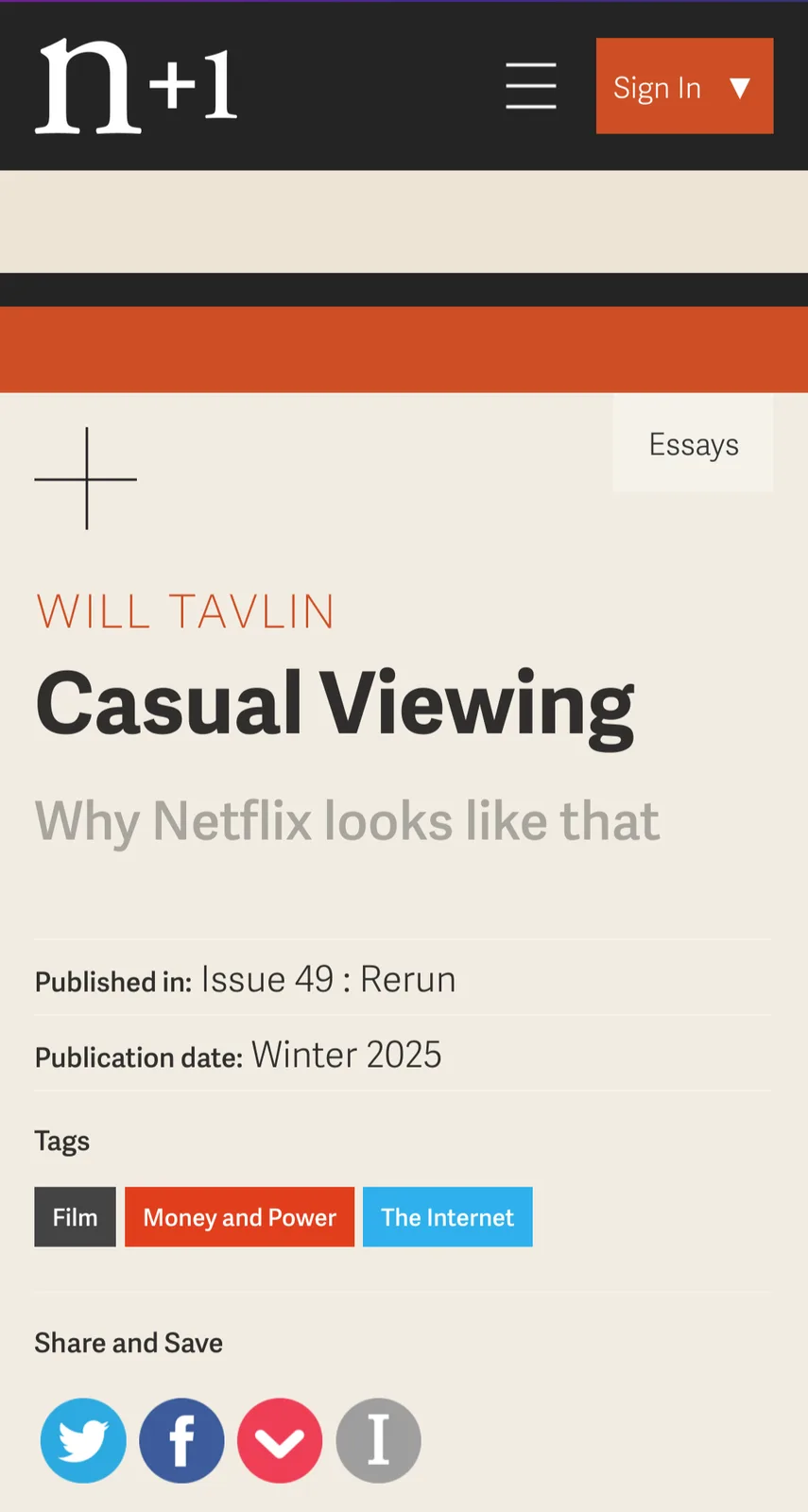 A screenshot of an n+1 magazine article page showing the title 'Casual Viewing' by Will Tavlin, with the subtitle 'Why…