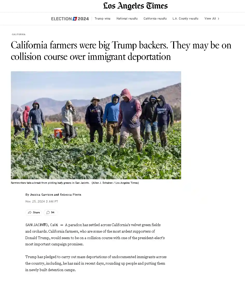 A screenshot of a Los Angeles Times article shows a photo of several farmworkers in a field, some wearing hoods and masks…