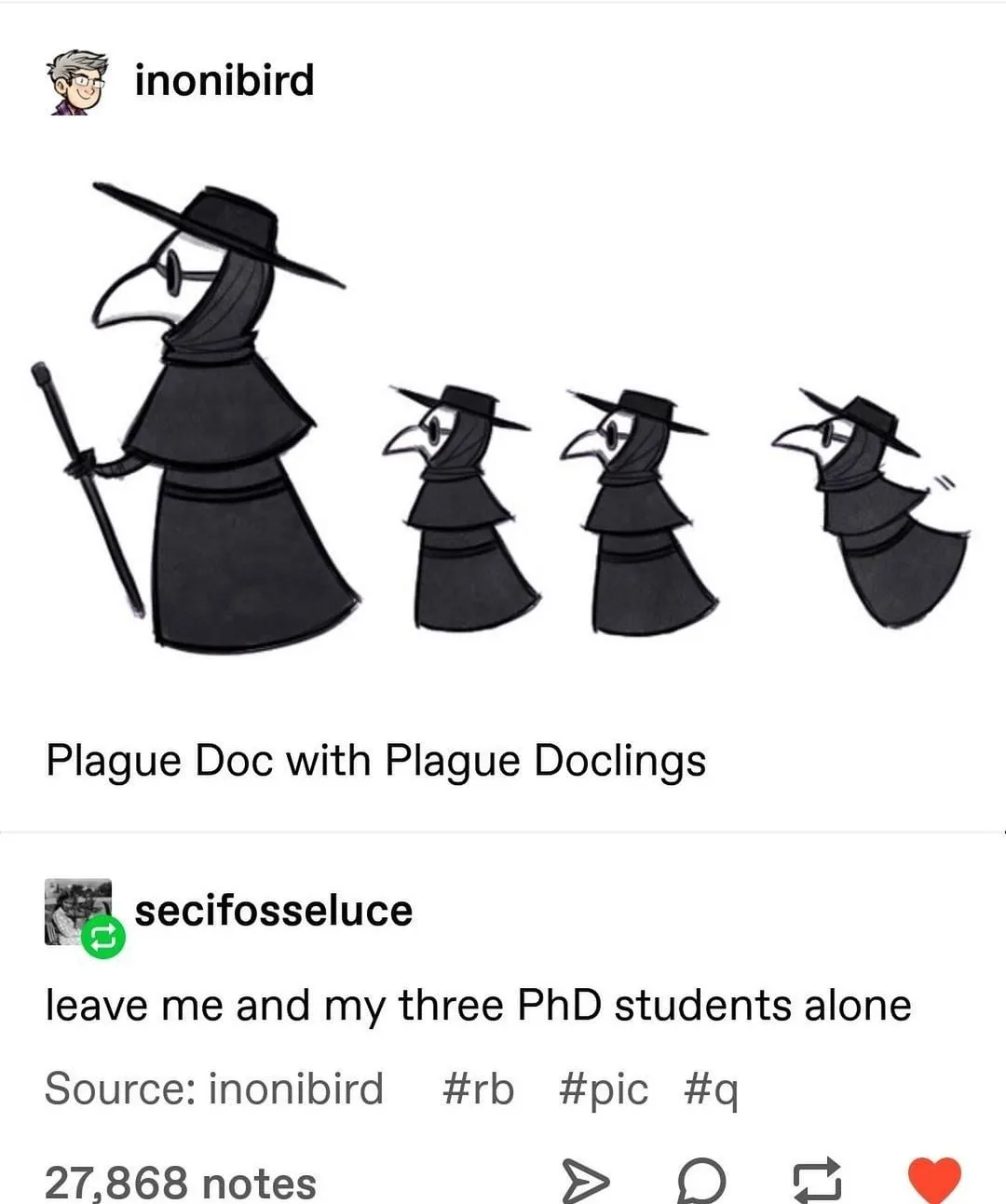 A black-and-white cartoon shows one large plague doctor figure holding a staff, followed by three smaller plague doctor…