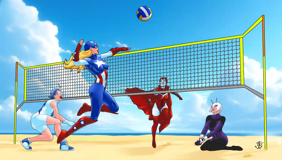 A cartoon beach volleyball scene shows Captain America leaping over the net to block a ball, while three other female…
