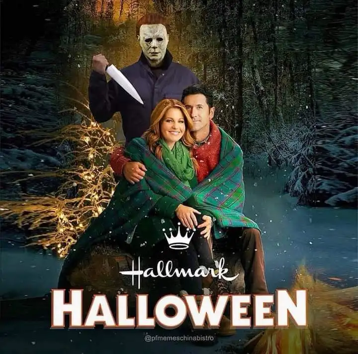 A composite image shows the horror character Michael Myers holding a knife behind a couple wrapped in a green plaid blanket…