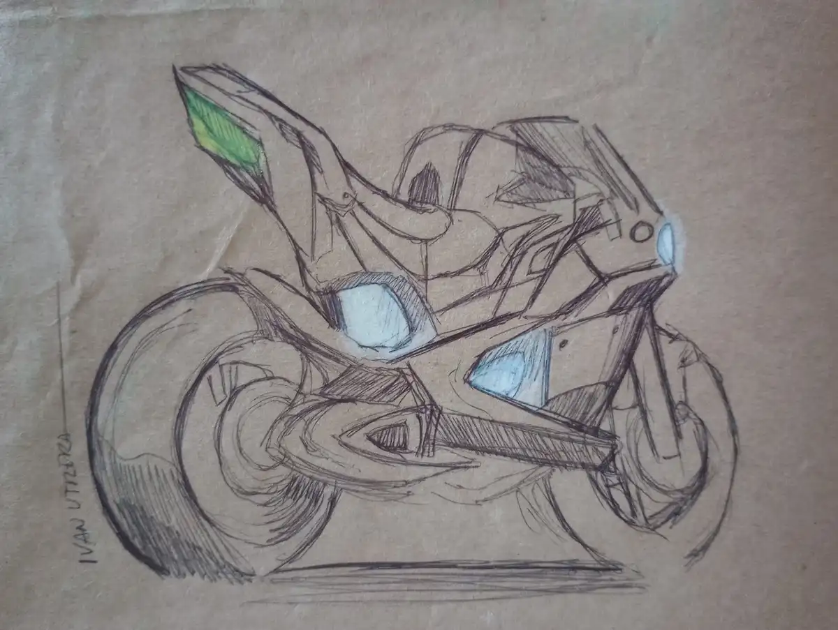 A hand-drawn sketch of a futuristic motorcycle on brown paper, featuring exaggerated angular lines, blue and green…