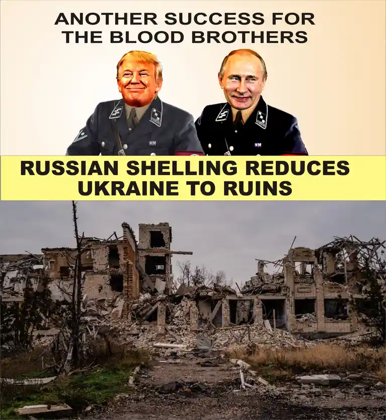 The image shows two men, Donald Trump and Vladimir Putin, superimposed onto Nazi-style military uniforms with smiling faces…