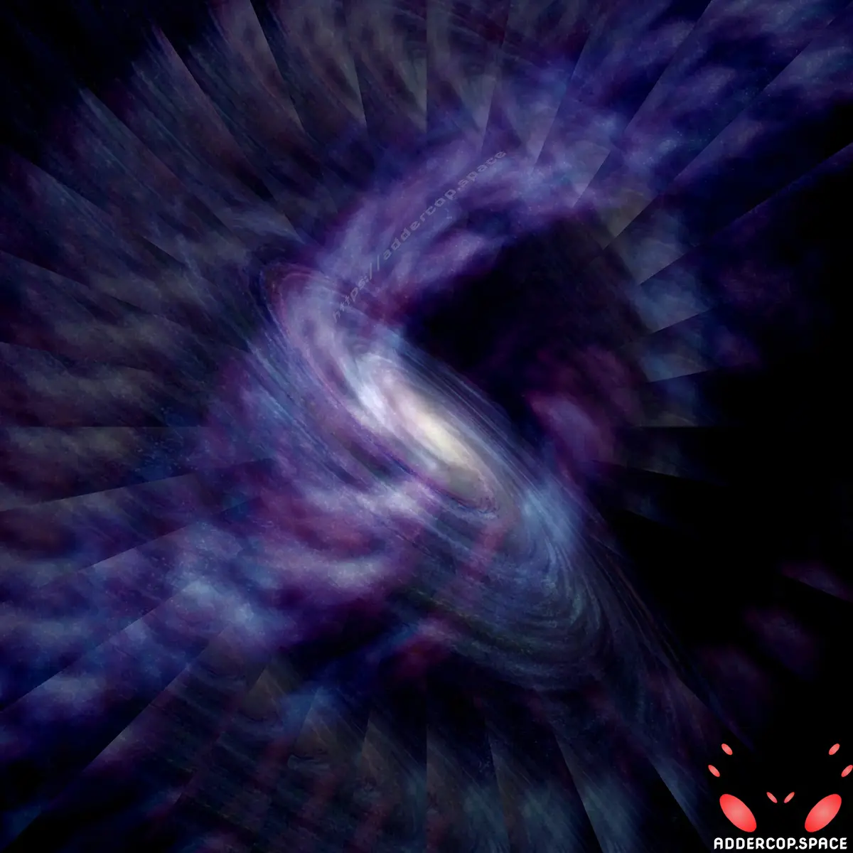 A cosmic image of a swirling galaxy with purple and blue nebulae, framed by dark diagonal rays radiating outward. Overlaid…